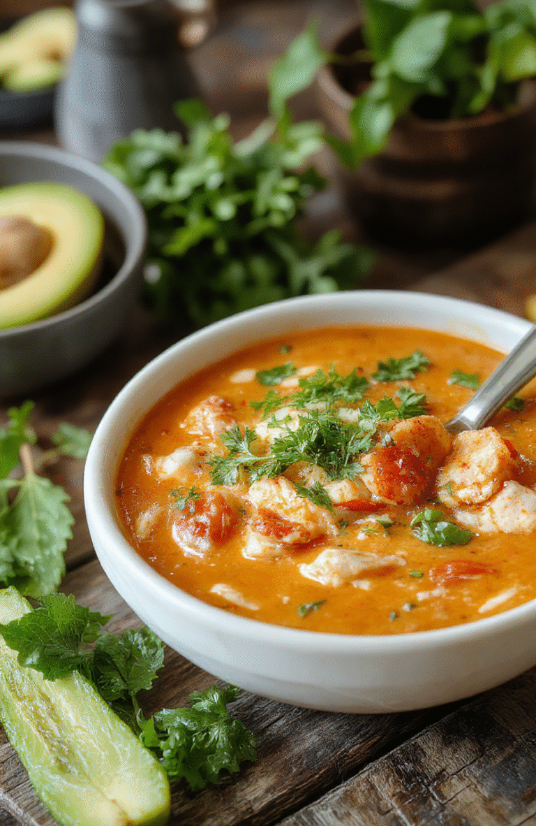 A vibrant bowl of Thai red curry noodle soup featuring tender rice noodles submerged in a rich, red curry broth, topped with fresh cilantro, sliced green onions, and a sprinkle of red chili flakes, with a side of lime wedges, all presented on a rustic wooden table with colorful ingredients around.