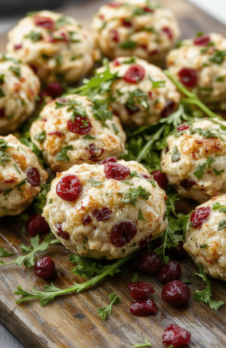 A plate of golden-brown cranberry turkey stuffing balls garnished with fresh herbs, vibrant cranberries, and a drizzle of creamy sauce, arranged elegantly on a rustic wooden platter with a festive background.
