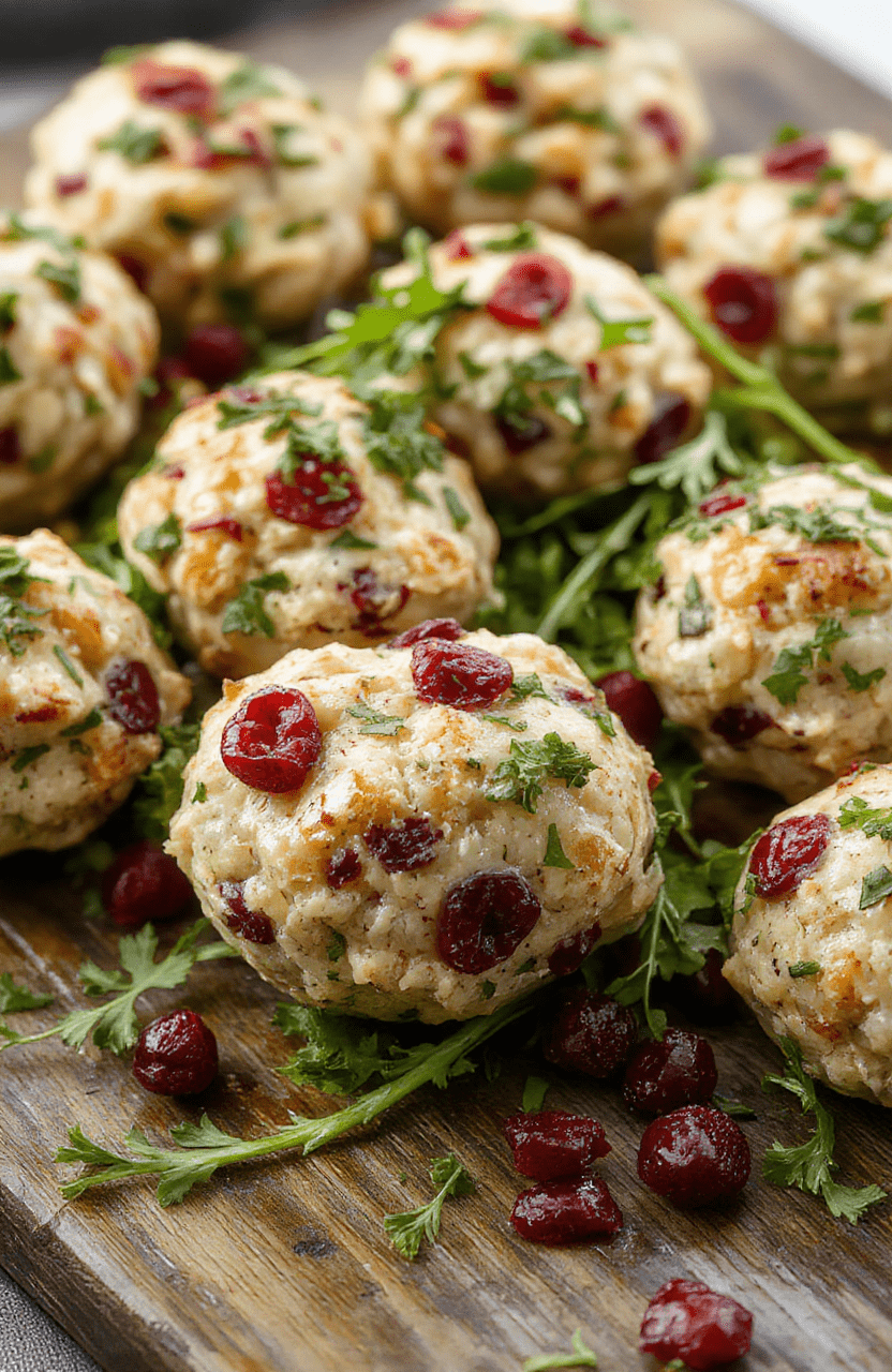 A plate of golden-brown cranberry turkey stuffing balls garnished with fresh herbs, vibrant cranberries, and a drizzle of creamy sauce, arranged elegantly on a rustic wooden platter with a festive background.