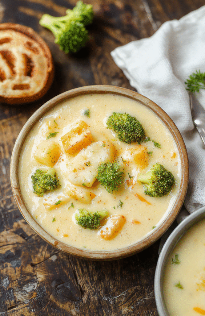 A warm, creamy broccoli cheddar potato soup in a rustic white bowl, topped with shredded cheddar cheese and fresh broccoli florets, with a golden crusty bread on the side, styled on a wooden surface with natural daylight highlighting the rich textures and vibrant green highlights.