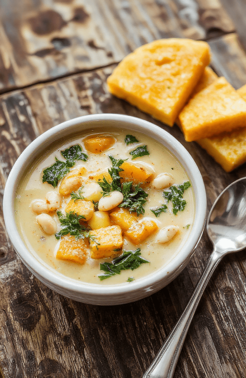 A vibrant bowl of creamy butternut squash, kale, and white beans soup topped with a swirl of cream and fresh herbs, served in a rustic white bowl with a spoon beside, set on a wooden table with a soft fall-inspired background.