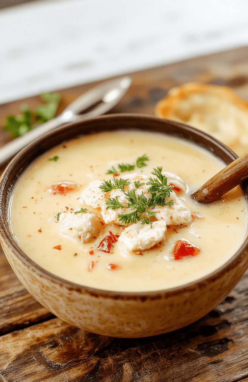 A warm bowl of creamy, cheesy crack chicken soup with shredded chicken, melted cheese, and herbs, garnished with scallions, served on a rustic wooden table with a spoon, showcasing a rich and hearty texture, inviting and vibrant colors