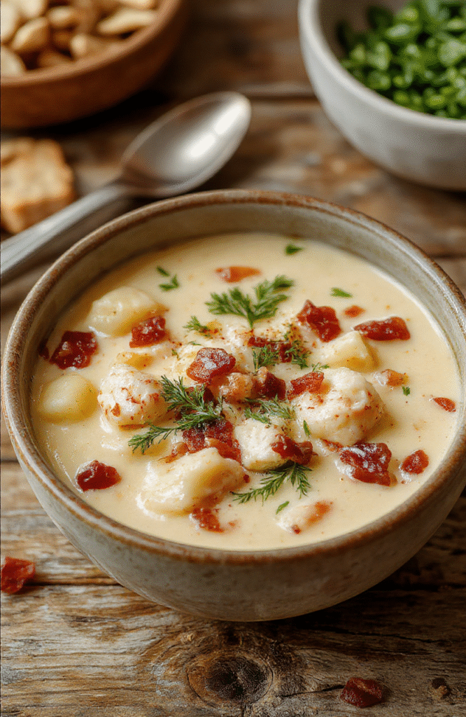 A bowl of creamy chicken bacon gnocchi soup with golden-brown bacon bits, tender gnocchi, and chopped fresh herbs garnished on top, set on a rustic wooden table, with a warm and inviting atmosphere, highlighting the creamy texture and hearty ingredients.