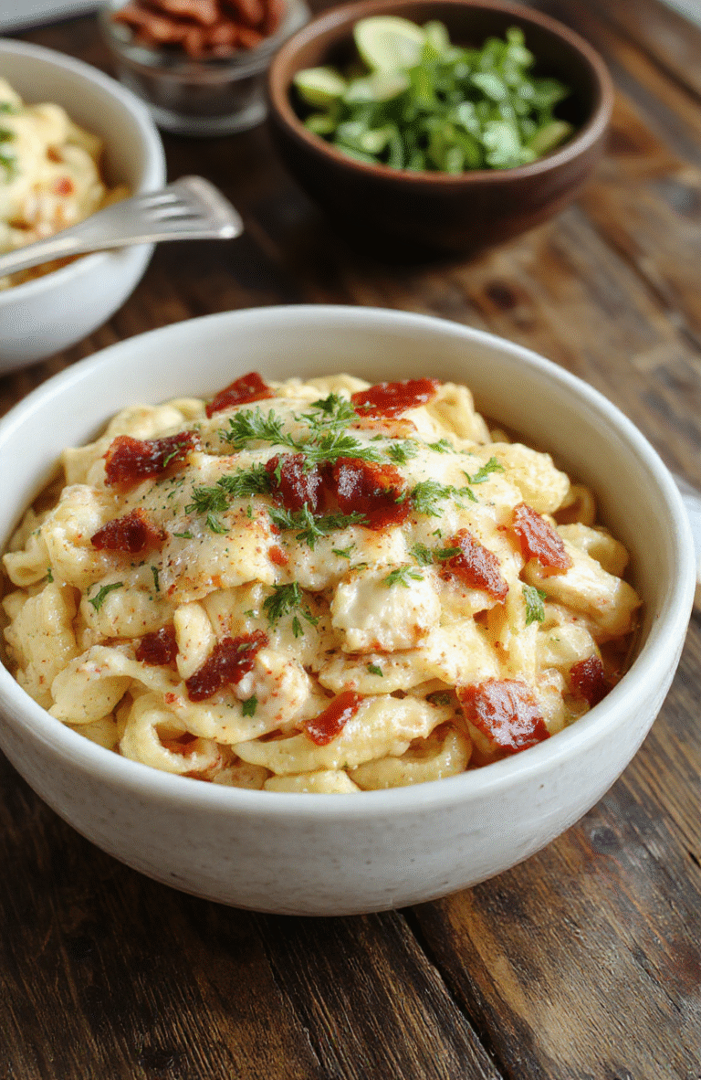 A close-up of a creamy chicken bacon ranch pasta dish on a rustic wooden table. The pasta is coated in a rich, cheesy sauce with crispy bacon bits and tender shredded chicken. Garnished with chopped parsley and sprinkled with black pepper, the vibrant colors of the pasta, green herbs, and golden bacon contrast beautifully, creating an inviting and hearty presentation.