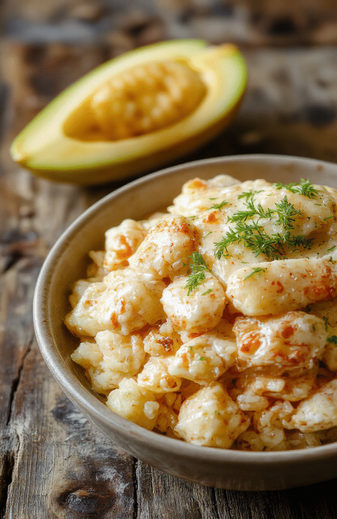 A colorful plate of creamy chicken and rice topped with fresh herbs, served in a rustic bowl, with tender chicken pieces and fluffy rice, garnished with green onions, styled on a wooden table with natural daylight, showcasing a warm, inviting presentation.