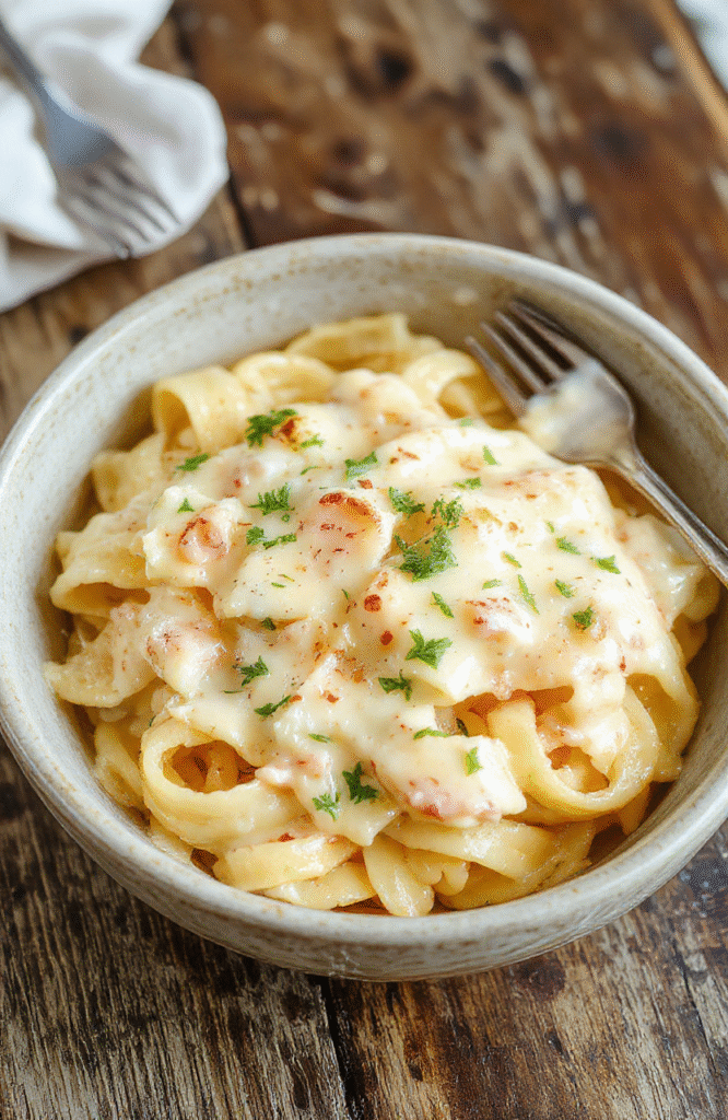 A creamy Fettuccine Alfredo dish served on a white plate, decorated with chopped parsley, showcasing rich, velvety sauce coating perfectly cooked fettuccine noodles, with a rustic wooden table background and soft natural light highlighting the textures.