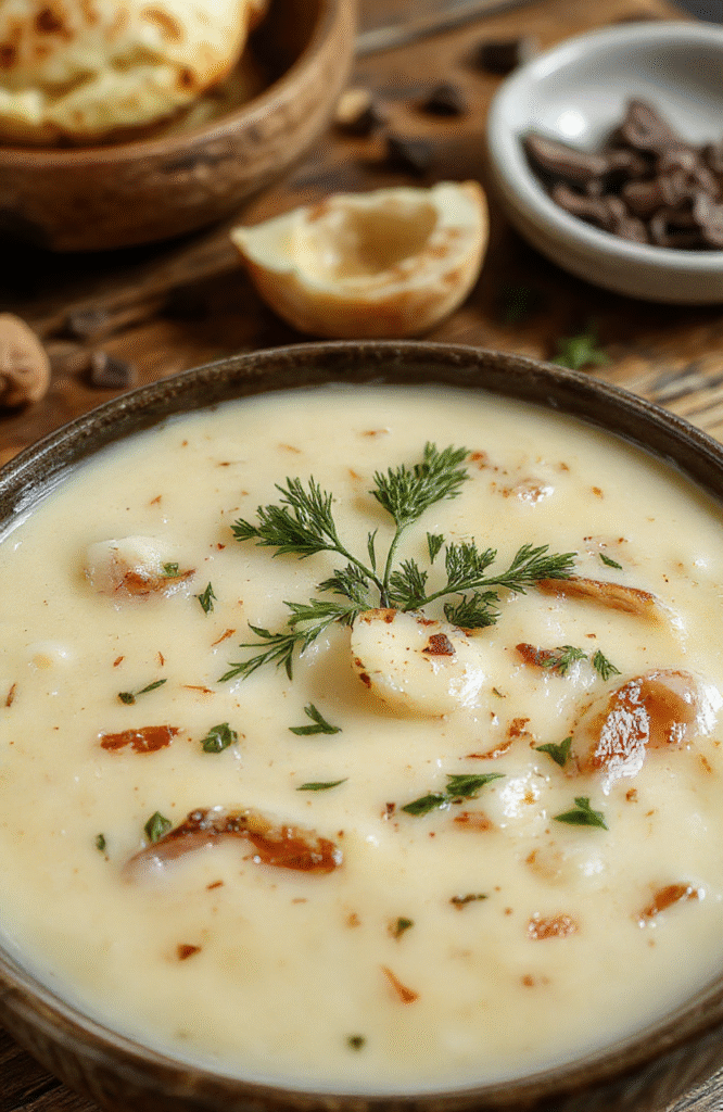 A steaming bowl of creamy French garlic soup garnished with fresh herbs, served in a rustic white bowl on a wooden surface, with toasted baguette slices on the side, showcasing the smooth texture and golden garlic oil drizzle.
