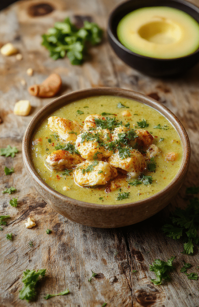 A bowl of creamy green chicken enchiladas soup featuring shredded chicken, vibrant green sauce, melted cheese, and fresh cilantro, garnished with lime and served in a rustic white bowl on a wooden table with a spoon beside, vibrant and appetizing.
