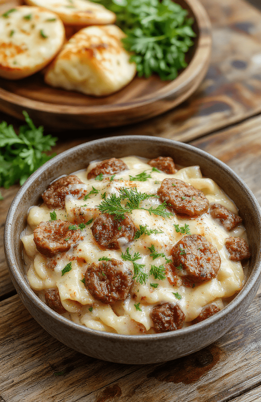 A vibrant bowl of creamy Italian sausage orzo showcasing golden sausage slices, tender orzo pasta coated in a rich creamy sauce, garnished with fresh herbs, served on a rustic plate with a sprinkle of parmesan cheese, styled simply on a neutral background with natural lighting highlighting the textures and colors