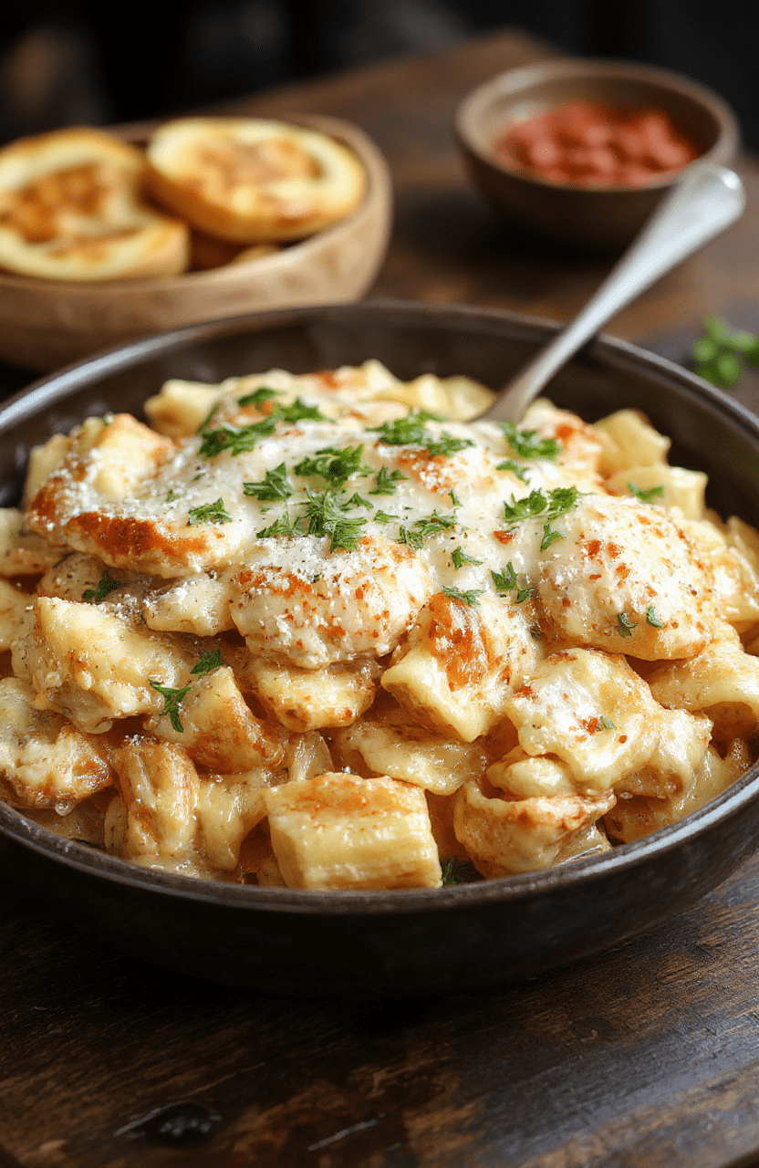 A vibrant plate of creamy parmesan chicken pasta, featuring tender pasta coated in a rich, cheesy sauce topped with crispy chicken pieces, garnished with fresh herbs, set on a rustic wooden table with a sprinkle of parmesan and a side of leafy greens.