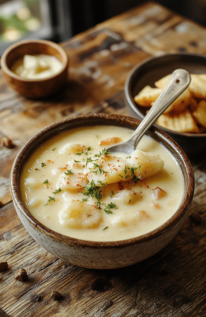 A warm, inviting bowl of creamy potato soup garnished with chopped chives and shredded cheese, served on a rustic wooden table with a spoon and crispy bread side, inviting and hearty.