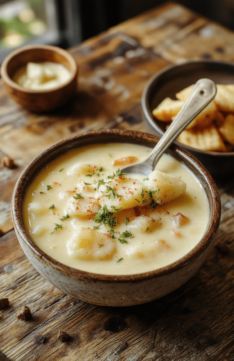 A warm, inviting bowl of creamy potato soup garnished with chopped chives and shredded cheese, served on a rustic wooden table with a spoon and crispy bread side, inviting and hearty.