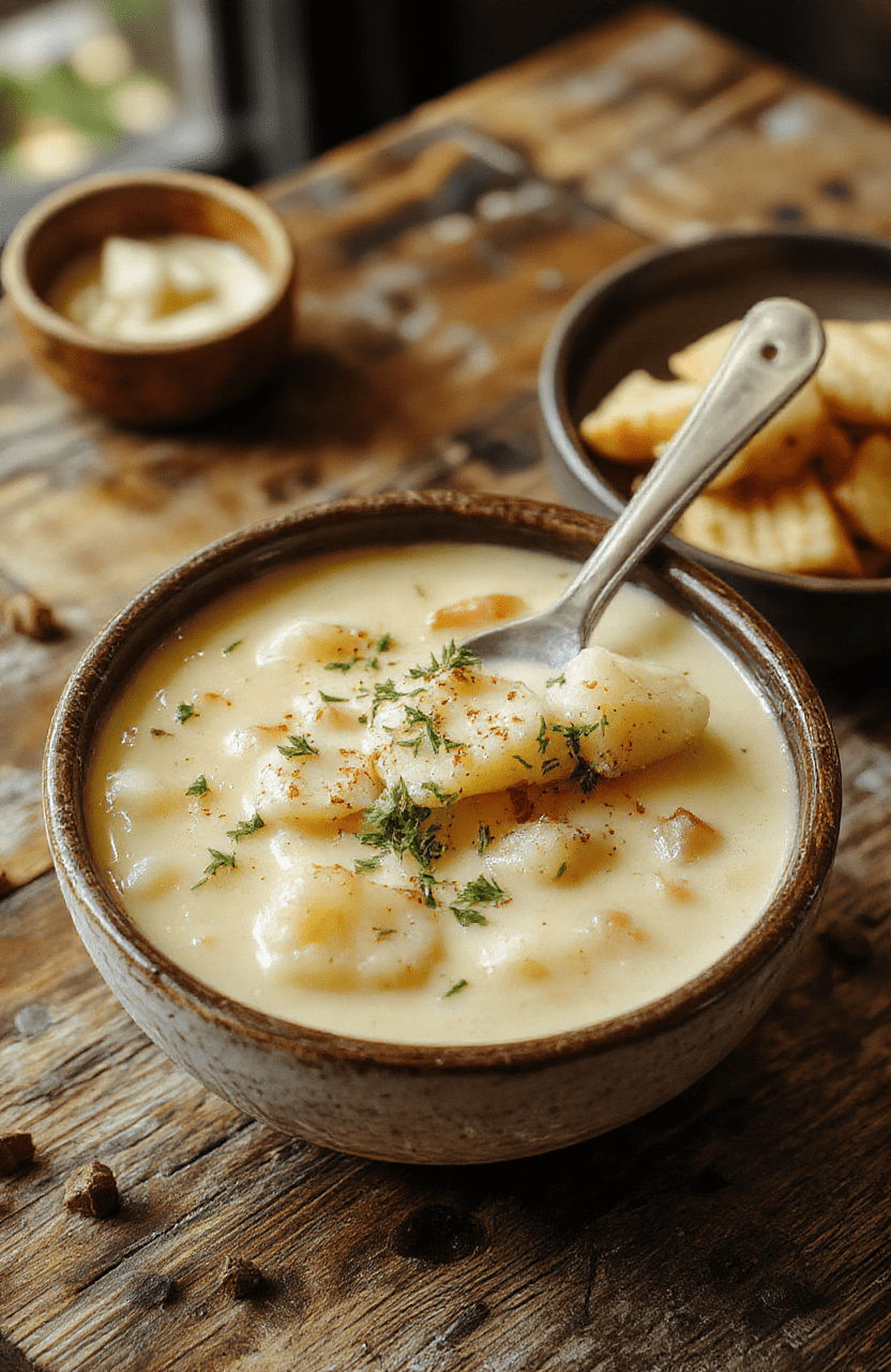 A warm, inviting bowl of creamy potato soup garnished with chopped chives and shredded cheese, served on a rustic wooden table with a spoon and crispy bread side, inviting and hearty.