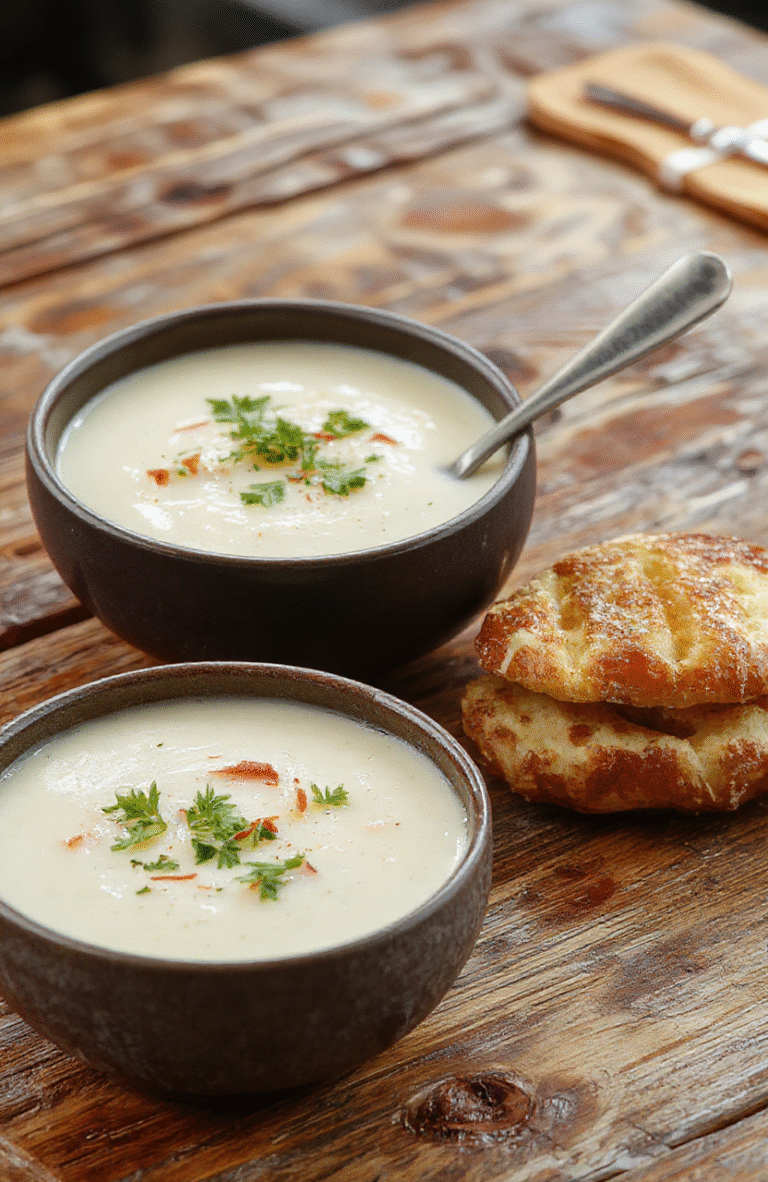 A warm bowl of creamy potato soup topped with chopped chives and shredded cheese on a rustic wooden table, with a spoon placed beside it, showcasing its rich texture and smooth consistency, garnished with fresh herbs and a swirl of cream.