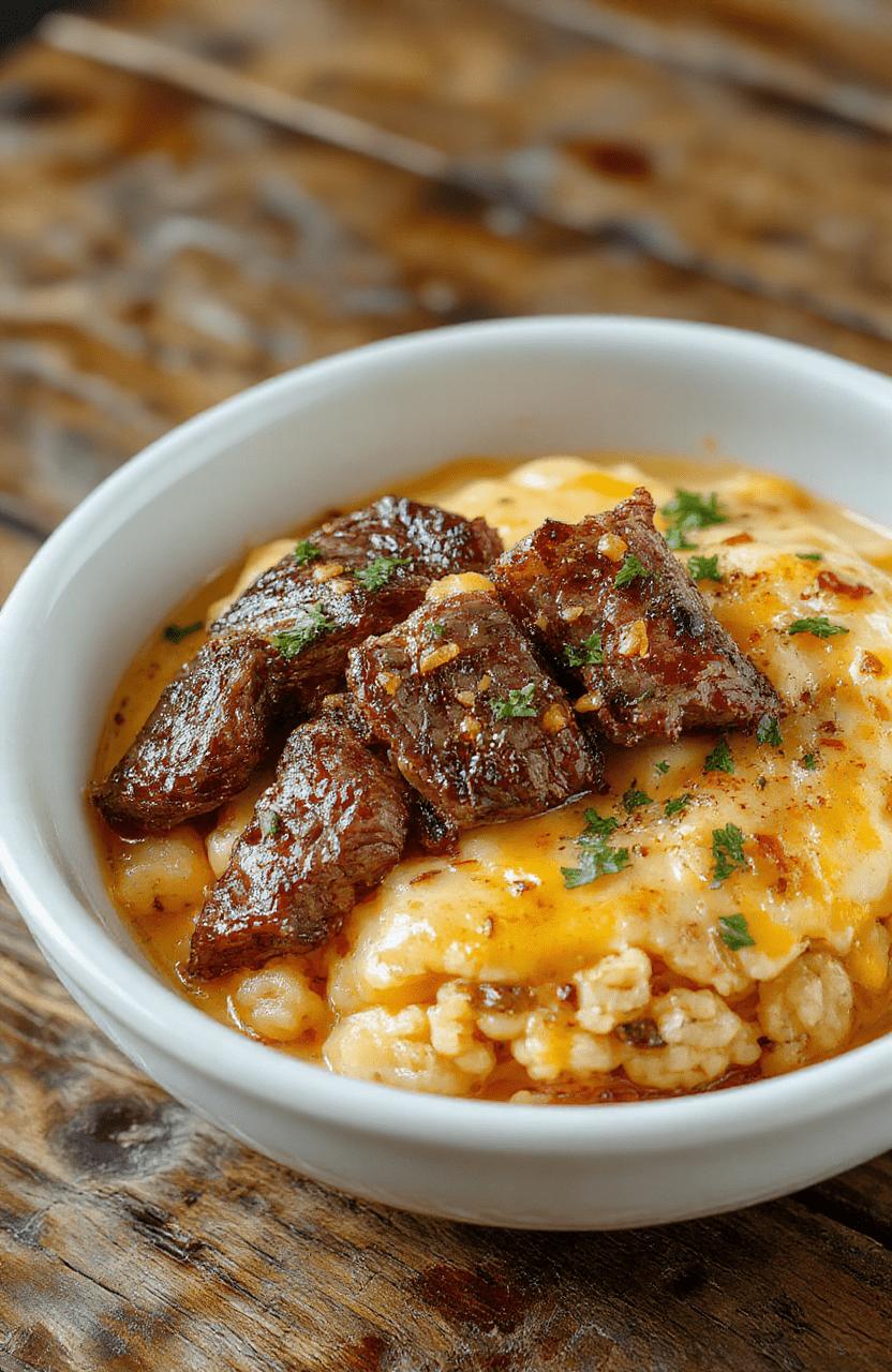 A vibrant plate featuring creamy white rice topped with melted cheesy queso, topped with juicy, seared steak strips, garnished with fresh herbs, colorful vegetables, and a drizzle of sauce, styled on a rustic wooden table with natural light highlighting textures and colors.