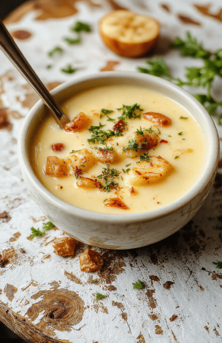 A warm bowl of creamy roasted garlic potato soup with a smooth surface, topped with crispy roasted garlic slices and fresh herbs, served on a rustic wooden table with a soft natural light.