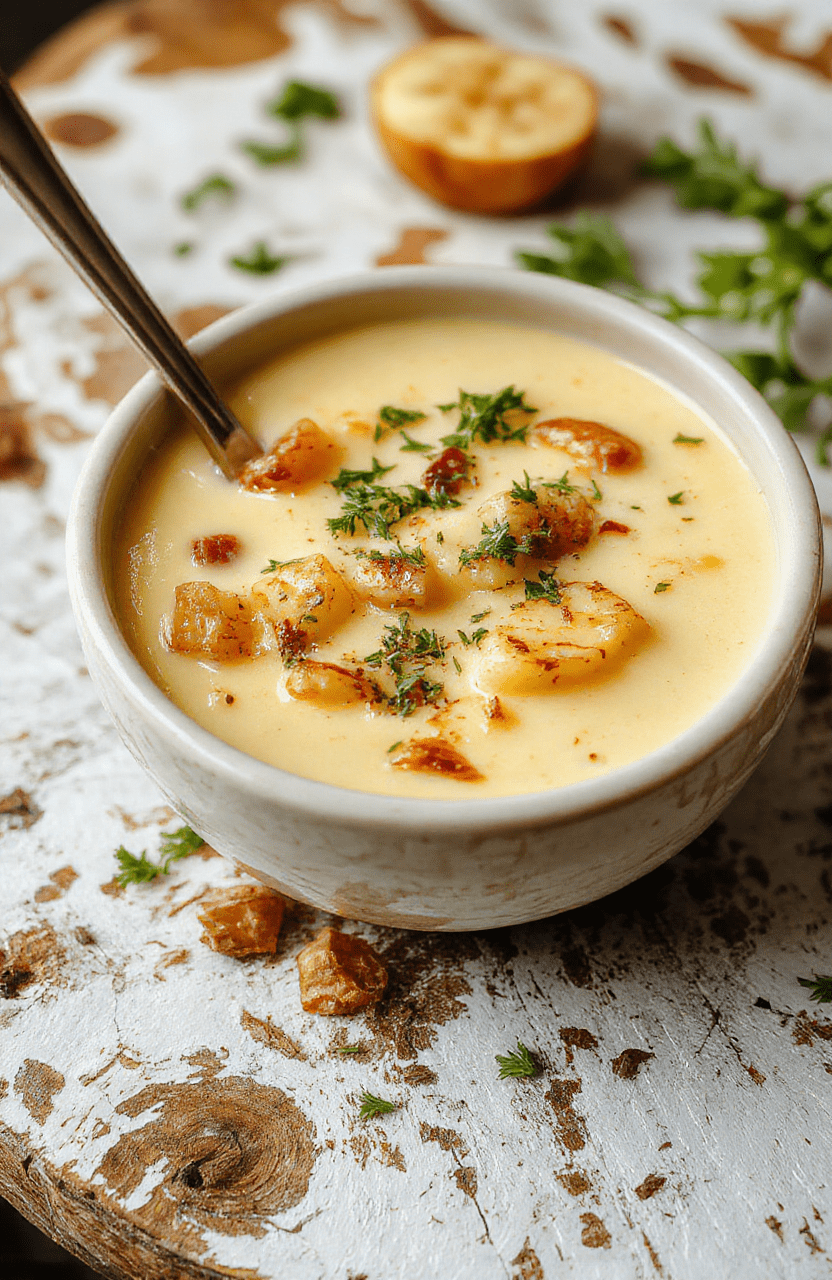 A warm bowl of creamy roasted garlic potato soup with a smooth surface, topped with crispy roasted garlic slices and fresh herbs, served on a rustic wooden table with a soft natural light.