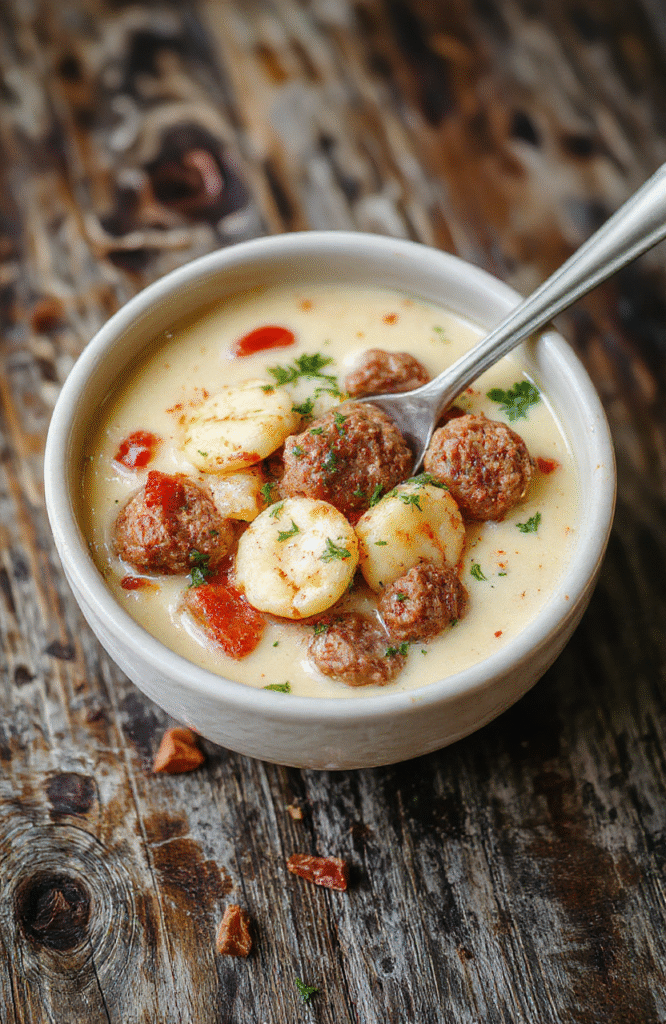 A warm, inviting bowl of creamy sausage and tortellini soup featuring vibrant orange sausage chunks, tender tortellini floating in a rich, creamy broth, garnished with fresh herbs, served on a rustic wooden table.