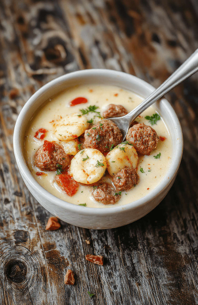 A warm, inviting bowl of creamy sausage and tortellini soup featuring vibrant orange sausage chunks, tender tortellini floating in a rich, creamy broth, garnished with fresh herbs, served on a rustic wooden table.