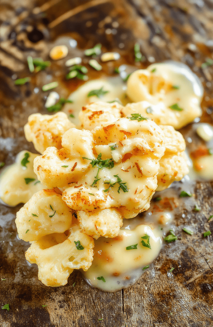 A vibrant plate of creamy vegan butter cauliflower showcasing tender cauliflower florets coated in rich, smooth sauce, garnished with fresh herbs, arranged on a clean white plate against a rustic wooden background, with a sprinkle of chopped parsley for visual appeal.