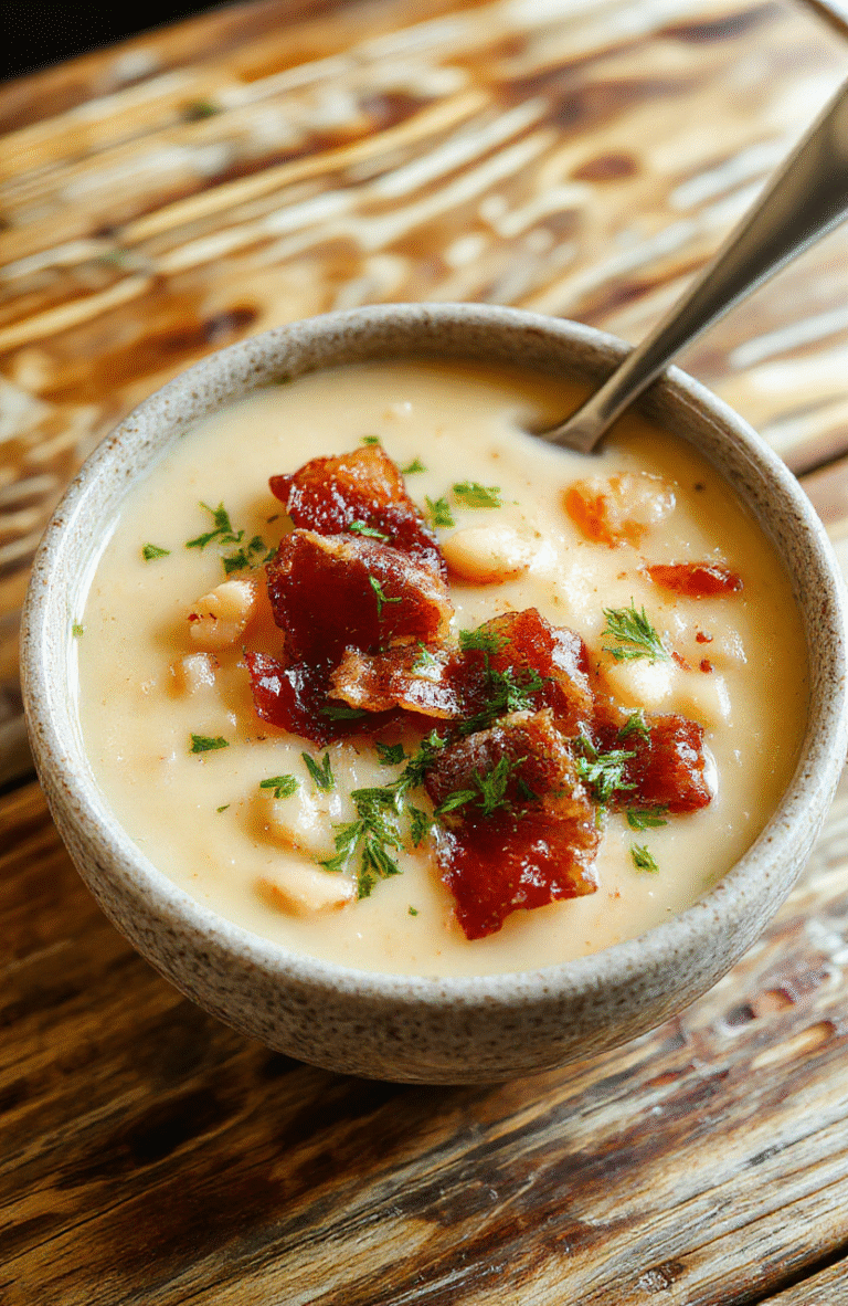 A bowl of creamy white bean soup garnished with crispy bacon bits and fresh herbs, served in a rustic bowl on a wooden table, with a spoon, warm lighting highlighting the velvety texture and crispy topping.