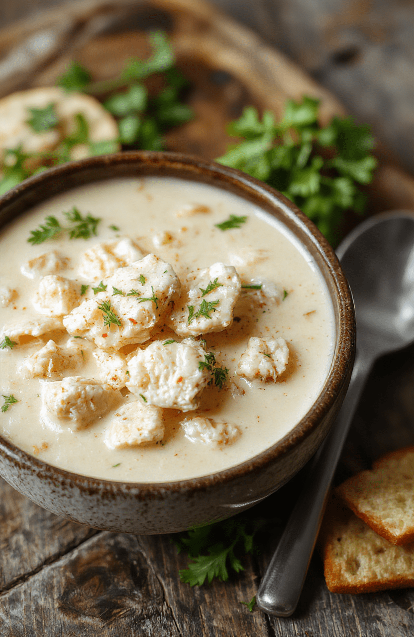 A warm, inviting bowl of creamy white chicken chili topped with chopped cilantro and shredded cheese, filled with tender chicken and beans, set on a rustic wooden table with a spoon nearby, vibrant and appetizing.