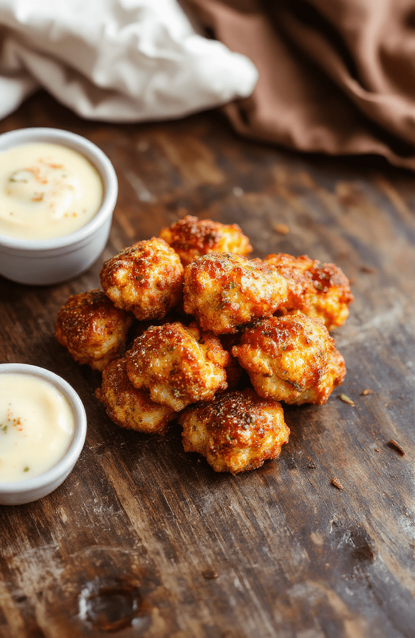 A vibrant plate of crispy buffalo cauliflower bites garnished with fresh parsley and drizzled with blue cheese dressing, arranged on a rustic wooden surface with scattered cauliflower florets and a tangy dipping sauce, showcasing crispy textures and colorful presentation.