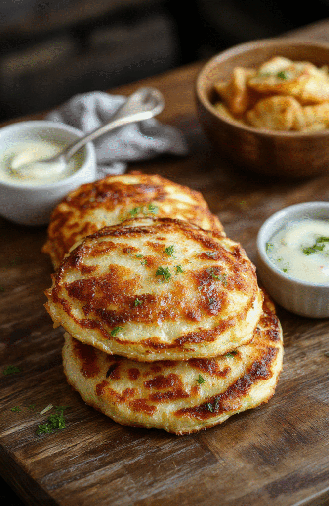 A stack of golden-brown crispy German potato pancakes garnished with fresh herbs, served on a rustic white plate with a fork. The pancakes have a crunchy exterior and tender interior, showcasing shredded potatoes and onions. The background features a wooden table with a soft natural light highlighting textures and colors.