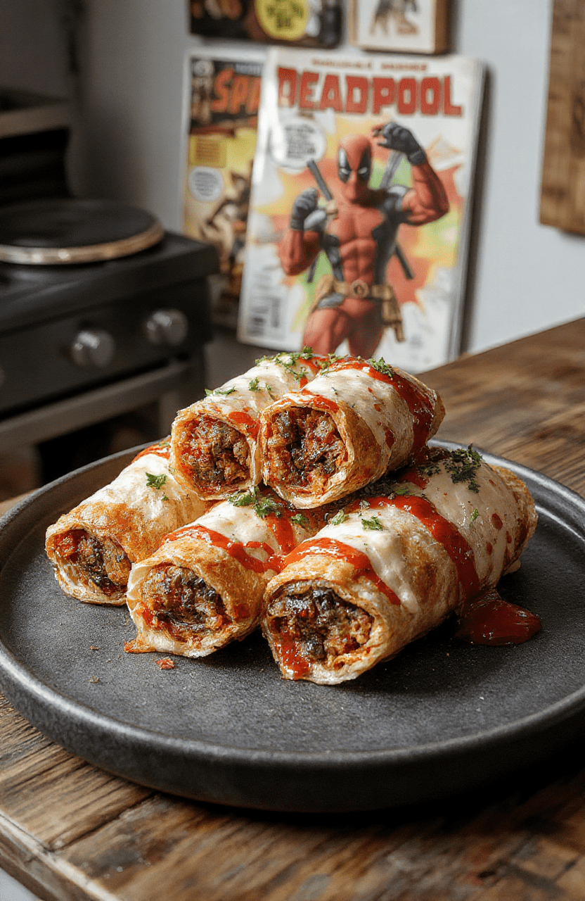 Colorful Deadpool Chimichanga Bites arranged on a vibrant red platter, crispy golden exterior with hints of red and green fillings visible, garnished with fresh cilantro and sliced jalapenos, styled on a dark rustic wooden table with thematic Deadpool comic accents in the background.