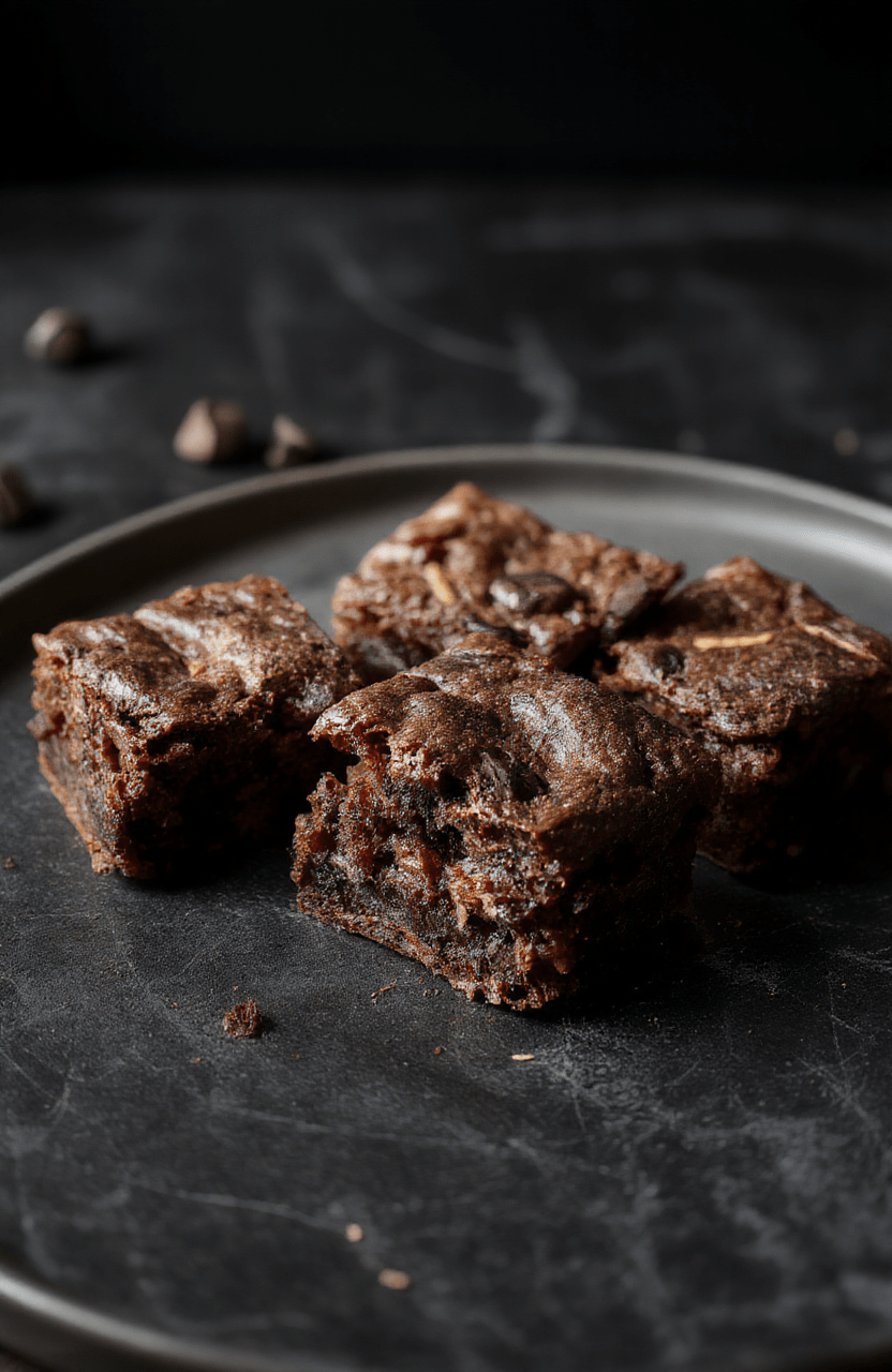 Close-up of Death Note Black Notebook Brownies featuring dark chocolate layers with a glossy finish, decorated with a white skull imprinted on top, presented on a black textured surface with moody lighting, emphasizing the mysterious theme and rich textures.