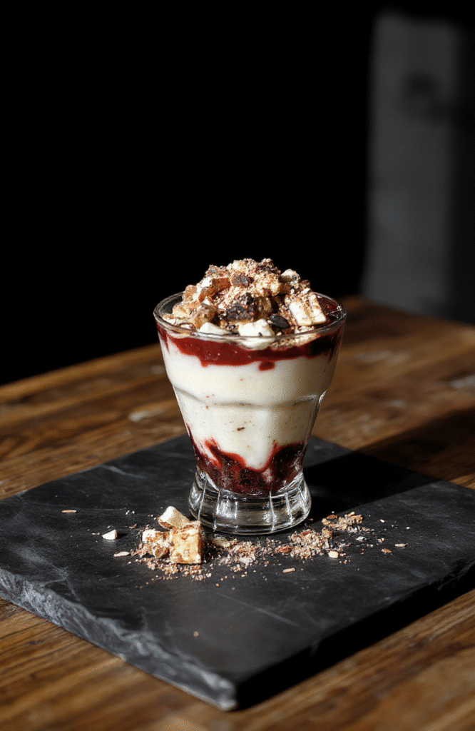 A vibrant, layered parfait served in a clear glass, featuring alternating dark chocolate, bright whipped cream, and colorful fruit toppings, garnished with a black cherry on top, styled with a sleek, mysterious aesthetic and elegant garnishes.