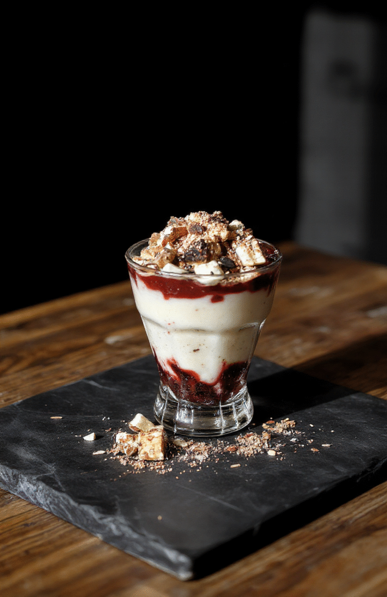 A vibrant, layered parfait served in a clear glass, featuring alternating dark chocolate, bright whipped cream, and colorful fruit toppings, garnished with a black cherry on top, styled with a sleek, mysterious aesthetic and elegant garnishes.