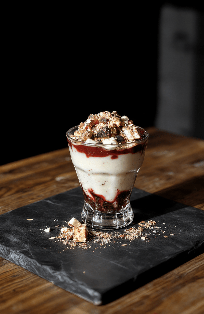 A vibrant, layered parfait served in a clear glass, featuring alternating dark chocolate, bright whipped cream, and colorful fruit toppings, garnished with a black cherry on top, styled with a sleek, mysterious aesthetic and elegant garnishes.