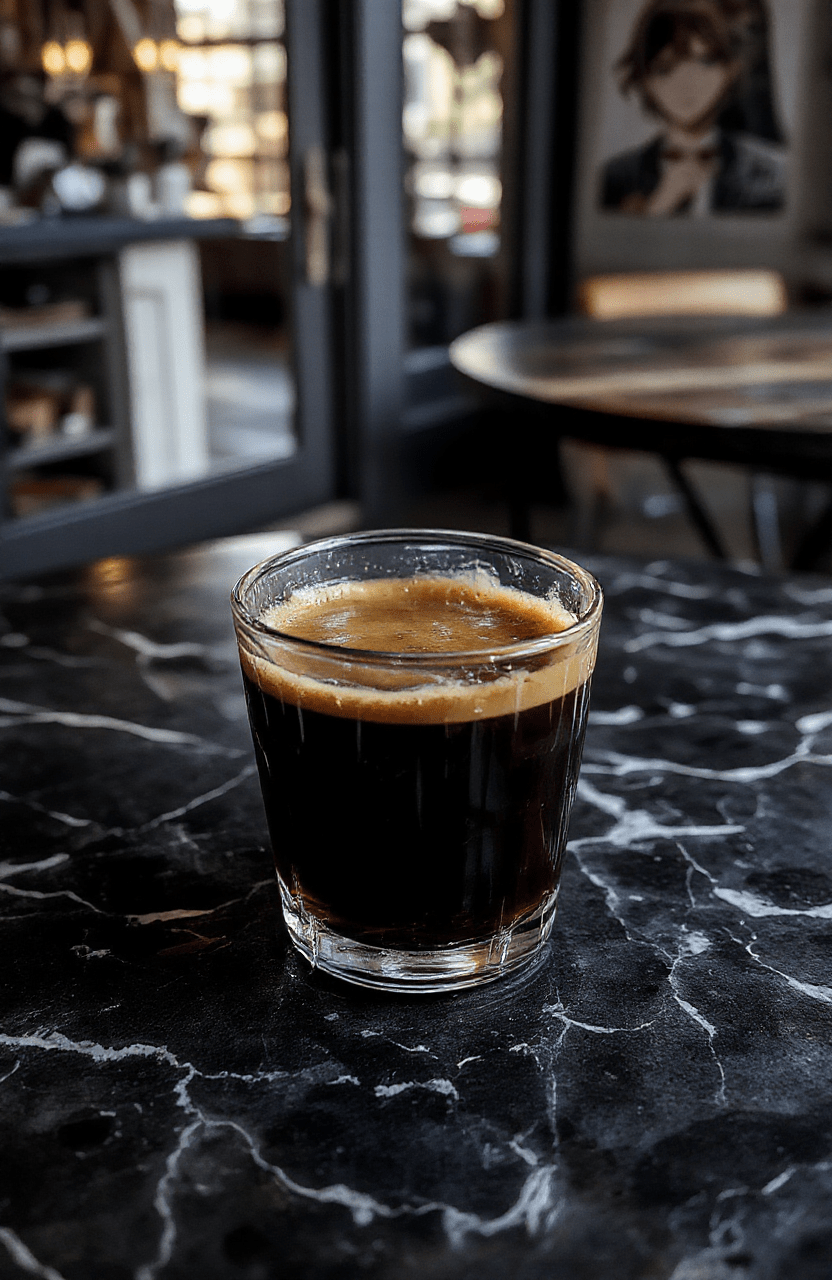 A sleek black cup filled with rich, steaming espresso sits on a dark wooden table. The coffee has a glossy surface with subtle crema, complemented by a minimalistic white plate and a silver spoon. In the background, there is a faint hint of an anime-themed notebook and a mysterious vibe, enhanced by low, moody lighting.