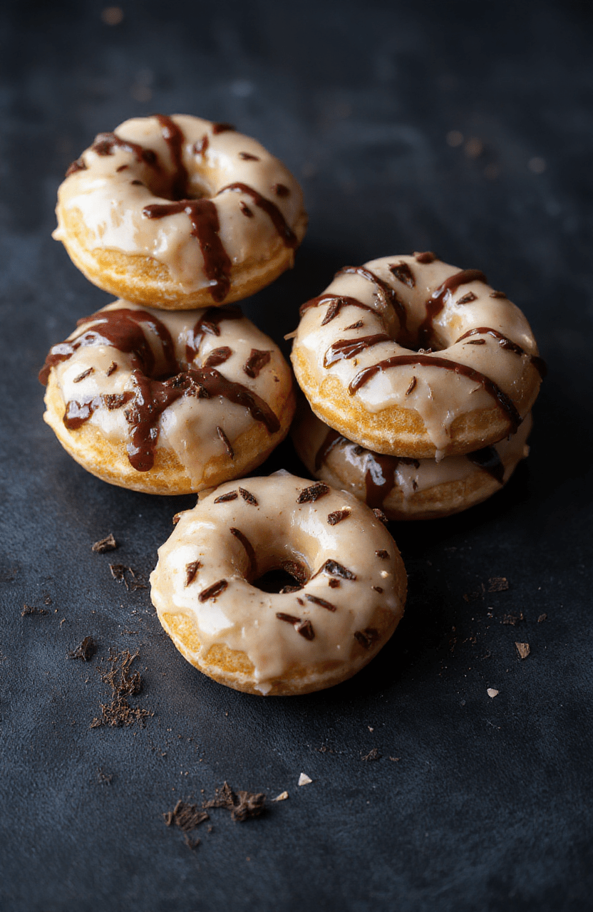 Colorful, intricately decorated donuts with a dark chocolate glaze, topped with white icing lines resembling L's signature pose, served on a sleek black plate against a moody, dim background styled like a scene from Death Note, highlighting textures and detailed decorations.