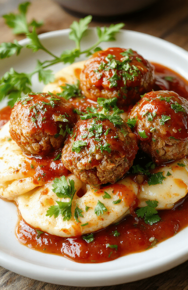 A close-up view of golden-brown Italian meatballs served on a rustic white plate, topped with fresh parsley and a rich marinara sauce, with a side of al dente spaghetti and a sprig of basil, styled simply on a wooden table with natural daylight highlighting the textures and vibrant colors.
