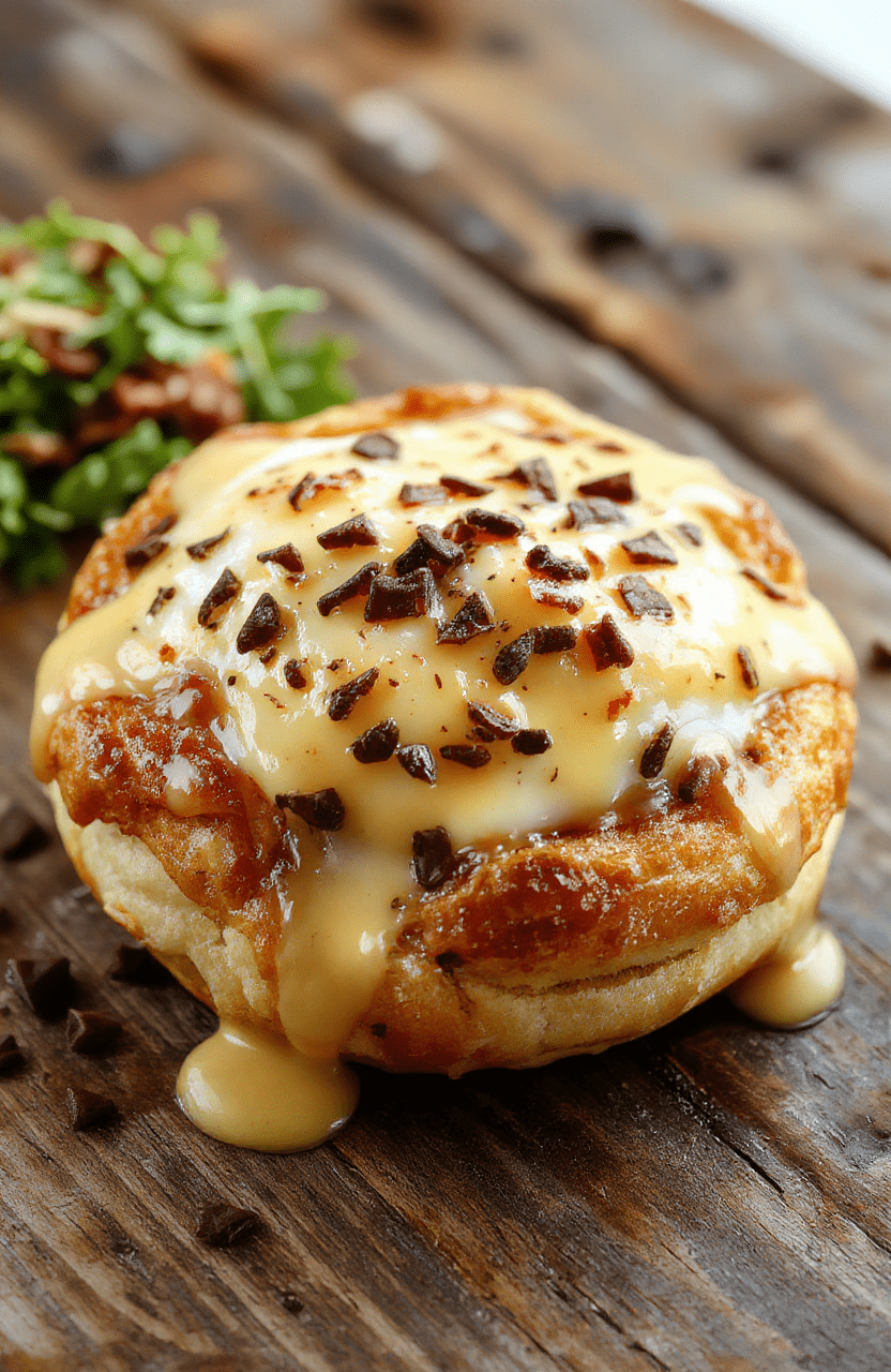 Golden-brown puff pastry topped with melted cheese and a perfectly fried egg, elegantly plated with fresh herbs and a drizzle of béchamel sauce, vibrant colors and crisp textures highlight the savory dish