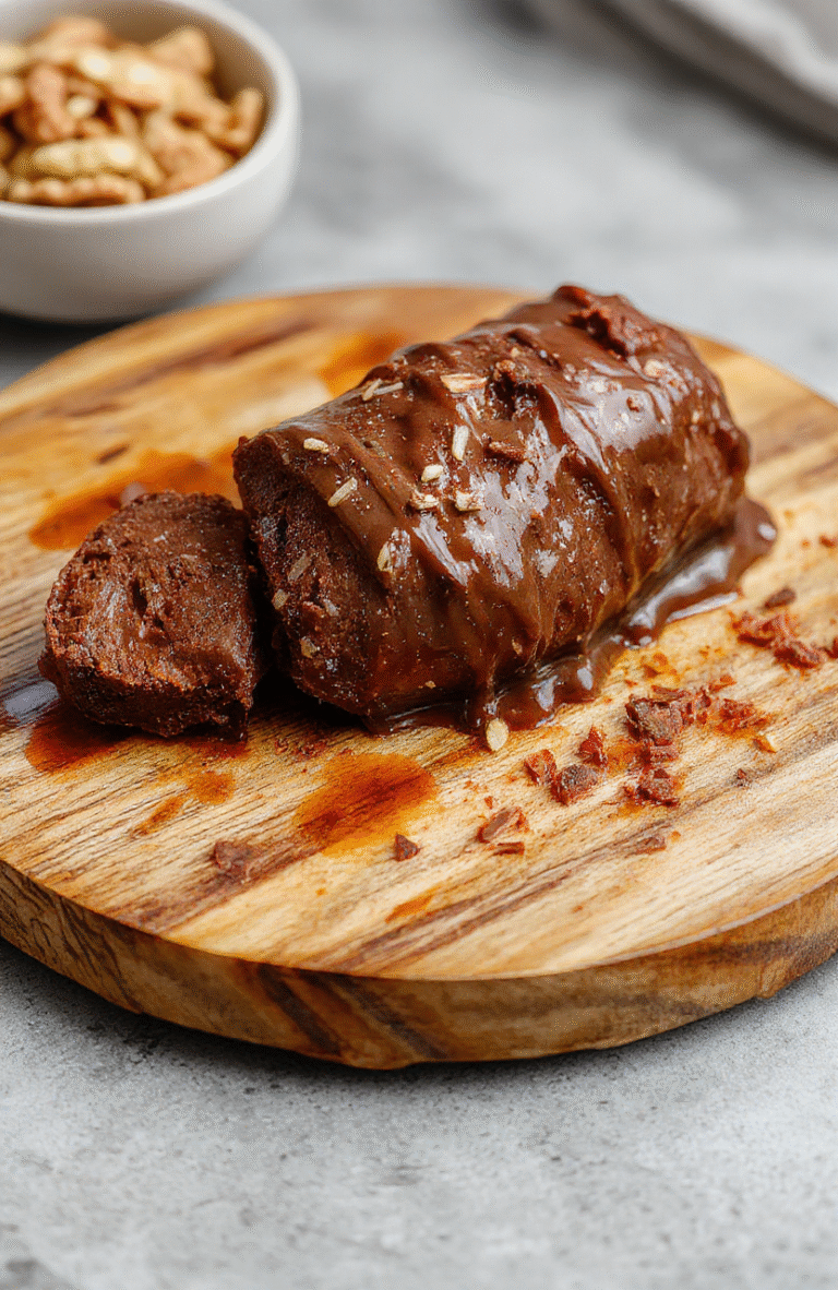 A rich chocolate log cake decorated with intricate caramel and chocolate accents resembling the Mugen Train design, placed on a rustic wooden platter with subtle Japanese-inspired motifs, highlighting a glossy texture and detailed craftsmanship.