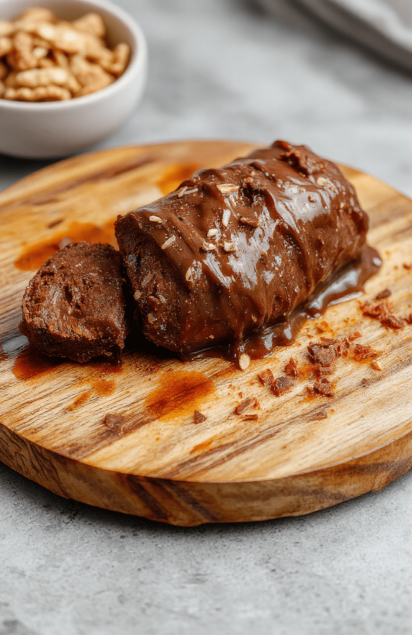 A rich chocolate log cake decorated with intricate caramel and chocolate accents resembling the Mugen Train design, placed on a rustic wooden platter with subtle Japanese-inspired motifs, highlighting a glossy texture and detailed craftsmanship.