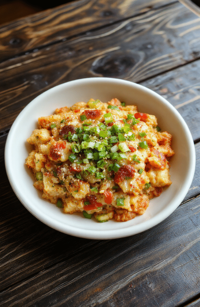 Colorful fusion fried rice served on a sleek white plate, vibrant vegetables, crispy bits, garnished with green onions and sesame seeds, styled for a lively anime or gaming theme, appealing and appetizing.
