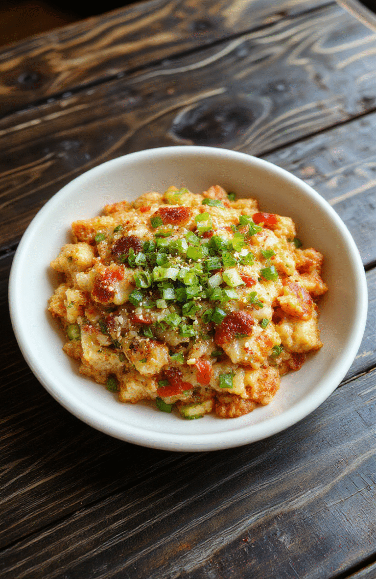 Colorful fusion fried rice served on a sleek white plate, vibrant vegetables, crispy bits, garnished with green onions and sesame seeds, styled for a lively anime or gaming theme, appealing and appetizing.
