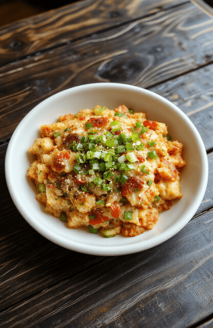 Colorful fusion fried rice served on a sleek white plate, vibrant vegetables, crispy bits, garnished with green onions and sesame seeds, styled for a lively anime or gaming theme, appealing and appetizing.