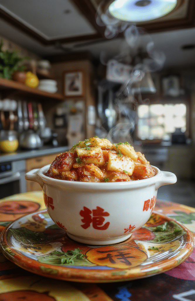 Colorful and vibrant Dragon Ball Z Hyperbolic Time Chamber Hotpot featuring an animated-style bubbling broth in a large pot, surrounded by assorted vegetables, meats, and noodles. The presentation has a dynamic, energetic feel with glowing ingredients and cartoonish garnishes, styled in a fantasy kitchen with bright lighting and bold colors.