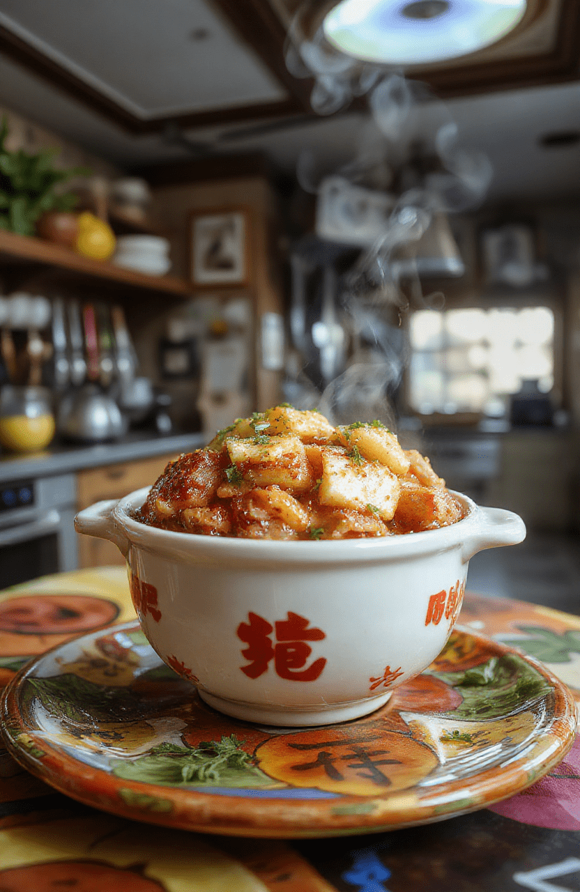 Colorful and vibrant Dragon Ball Z Hyperbolic Time Chamber Hotpot featuring an animated-style bubbling broth in a large pot, surrounded by assorted vegetables, meats, and noodles. The presentation has a dynamic, energetic feel with glowing ingredients and cartoonish garnishes, styled in a fantasy kitchen with bright lighting and bold colors.