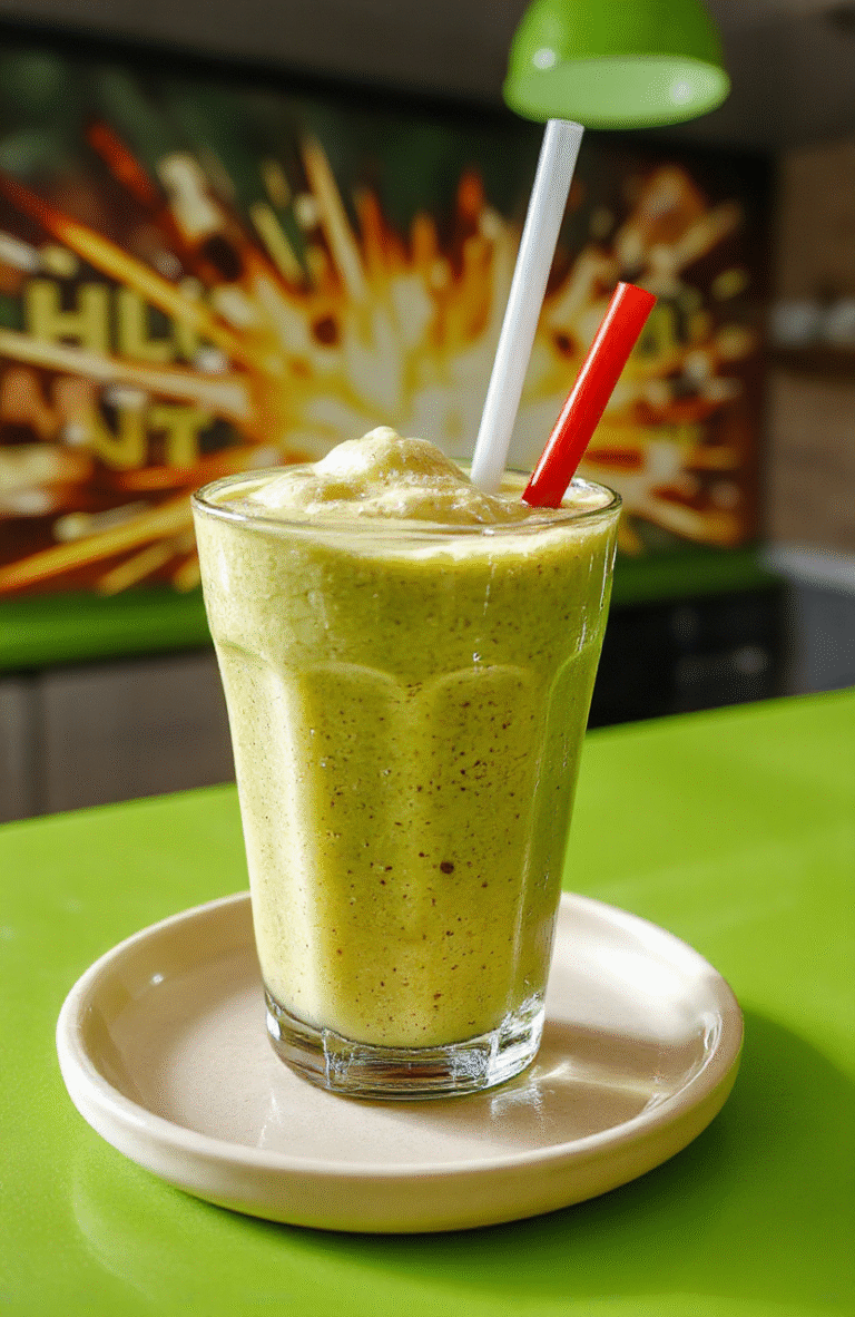 Vivid green and blue smoothie in a tall glass topped with whipped cream and colorful sprinkles, garnished with a fruit slice and a straw, styled with Dragon Ball Z themed accessories and vibrant background