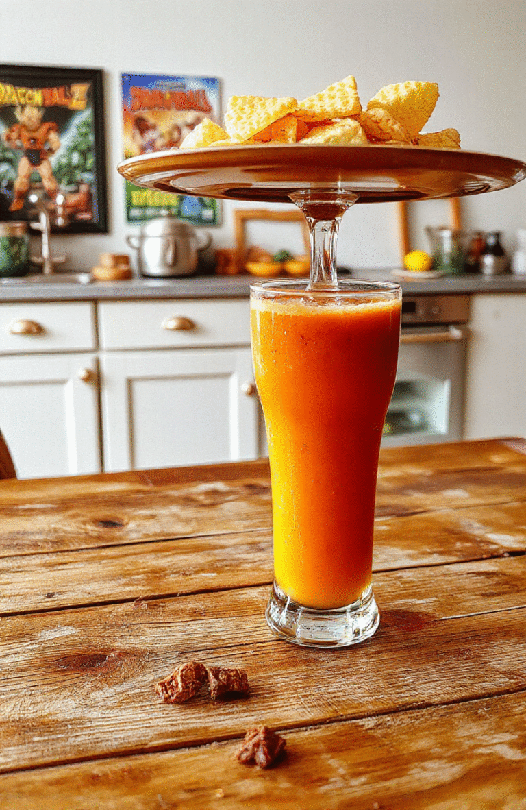 Vibrant orange and yellow layered juice in a tall glass, garnished with a slice of orange and a cherry, with a background of Dragon Ball Z manga pages, dynamic and energetic styling.