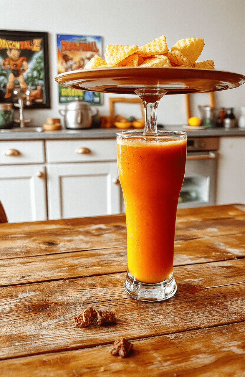 Vibrant orange and yellow layered juice in a tall glass, garnished with a slice of orange and a cherry, with a background of Dragon Ball Z manga pages, dynamic and energetic styling.