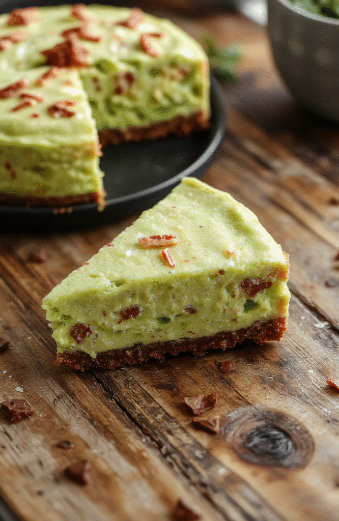 A vibrant green matcha cheesecake on a rustic wooden platter, topped with a delicate drizzle of white glaze and a few fresh mint leaves, set against a neutral background with subtle shadows highlighting its smooth, creamy texture and pastel green color.