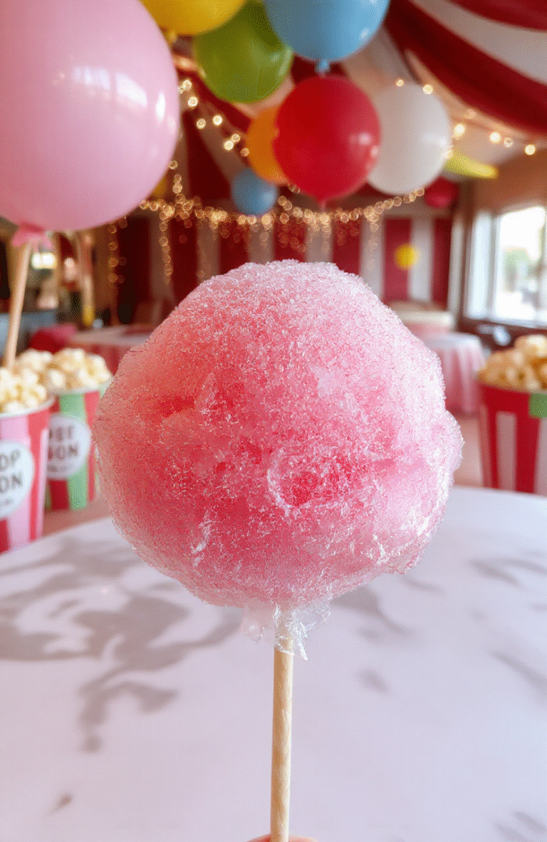 Colorful fluffy cotton candy spun into a large cloud shape on a white paper cone, vibrant pastel pink, blue, and purple strands, displayed on a bright carnival-themed stall background with hints of fairy lights and playful decor.