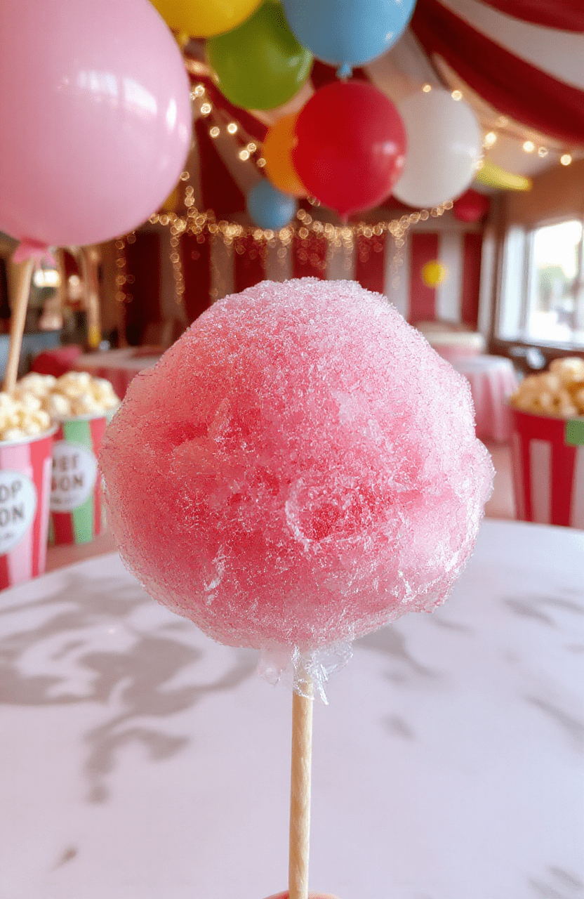 Colorful fluffy cotton candy spun into a large cloud shape on a white paper cone, vibrant pastel pink, blue, and purple strands, displayed on a bright carnival-themed stall background with hints of fairy lights and playful decor.